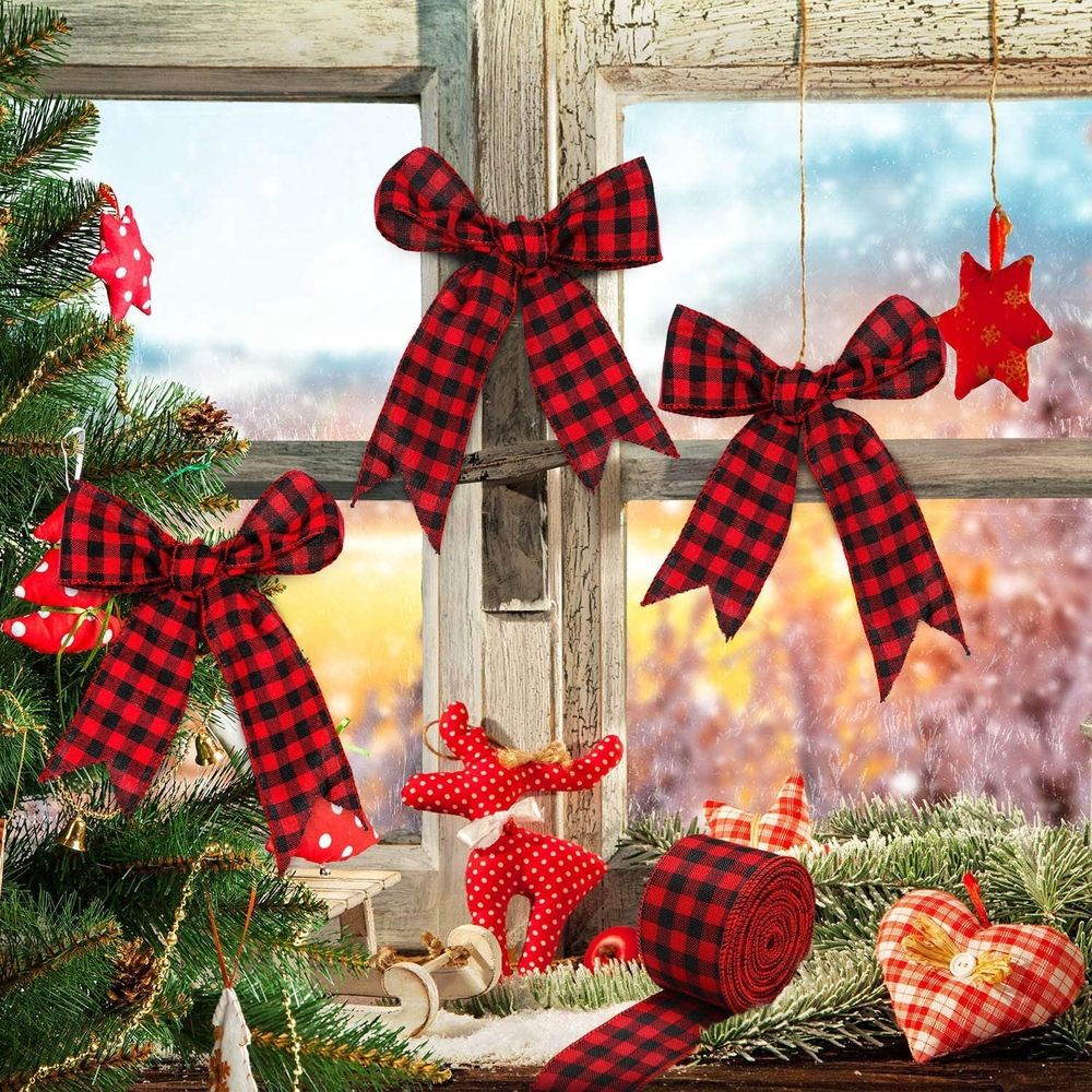 Buffalo Plaid Ribbons Wired Edges, 2 Rolls Black and White Checkered Ribbon for Christmas Tree Gift Decorations