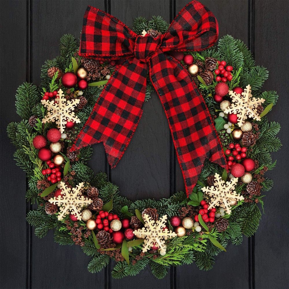Buffalo Plaid Ribbons Wired Edges, 2 Rolls Black and White Checkered Ribbon for Christmas Tree Gift Decorations