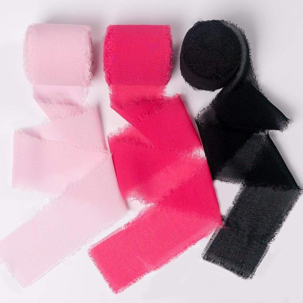 Silk Chiffon Ribbon Set, Handmade Fringe Silk Ribbon for Gift Wrapping Bridal Bouquets Wedding Invitations Decoration Crafts 1.5inx5.5Yard/Roll