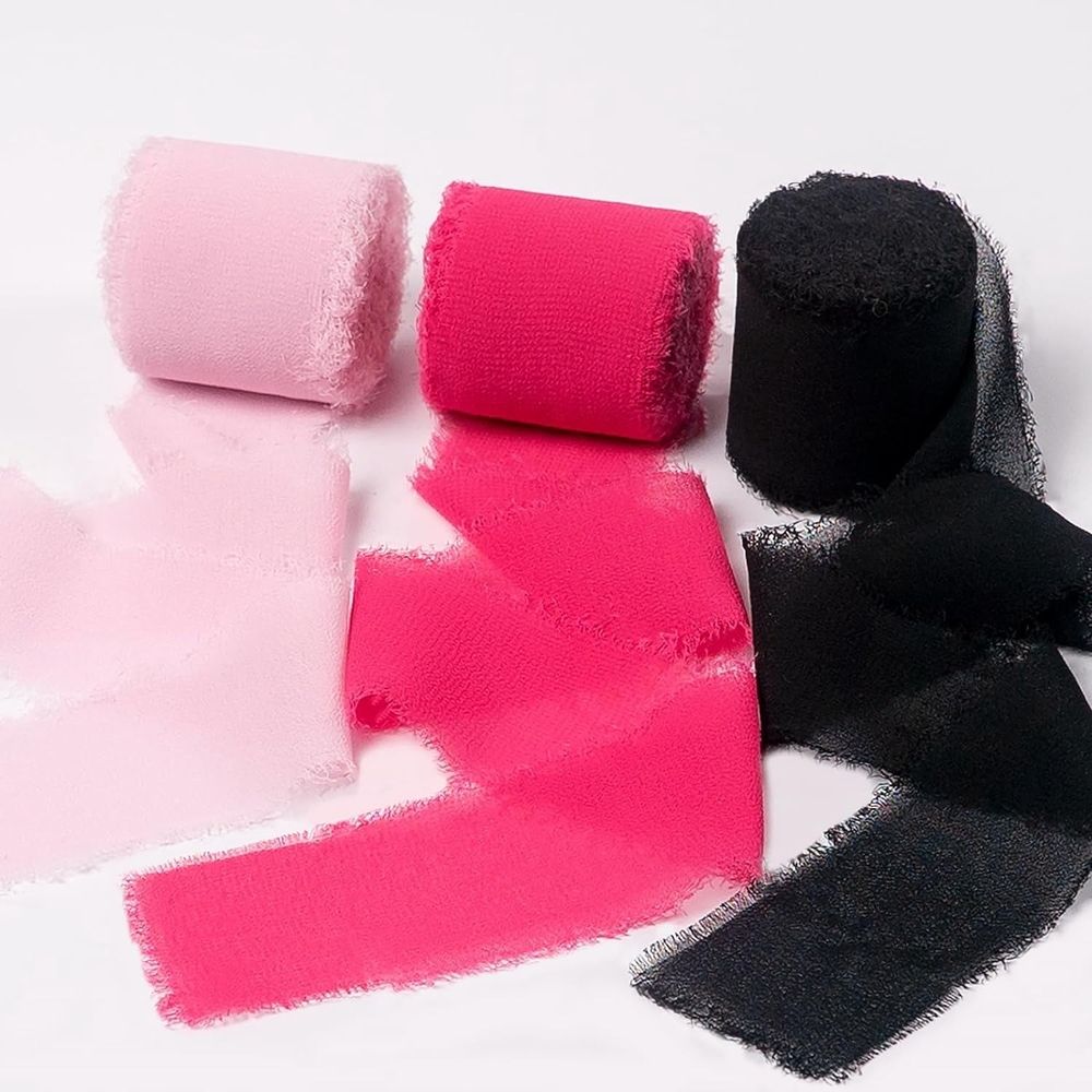 Silk Chiffon Ribbon Set, Handmade Fringe Silk Ribbon for Gift Wrapping Bridal Bouquets Wedding Invitations Decoration Crafts 1.5inx5.5Yard/Roll