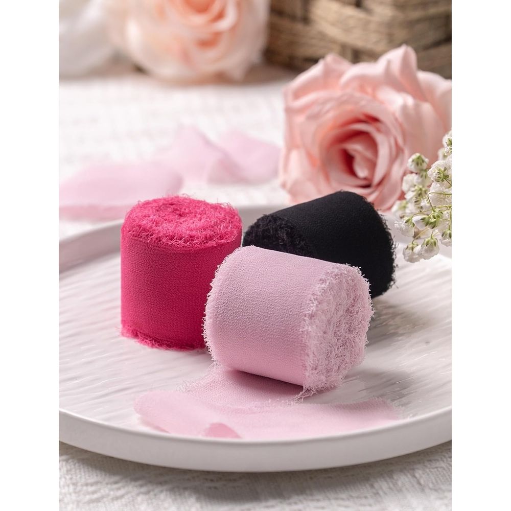 Silk Chiffon Ribbon Set, Handmade Fringe Silk Ribbon for Gift Wrapping Bridal Bouquets Wedding Invitations Decoration Crafts 1.5inx5.5Yard/Roll