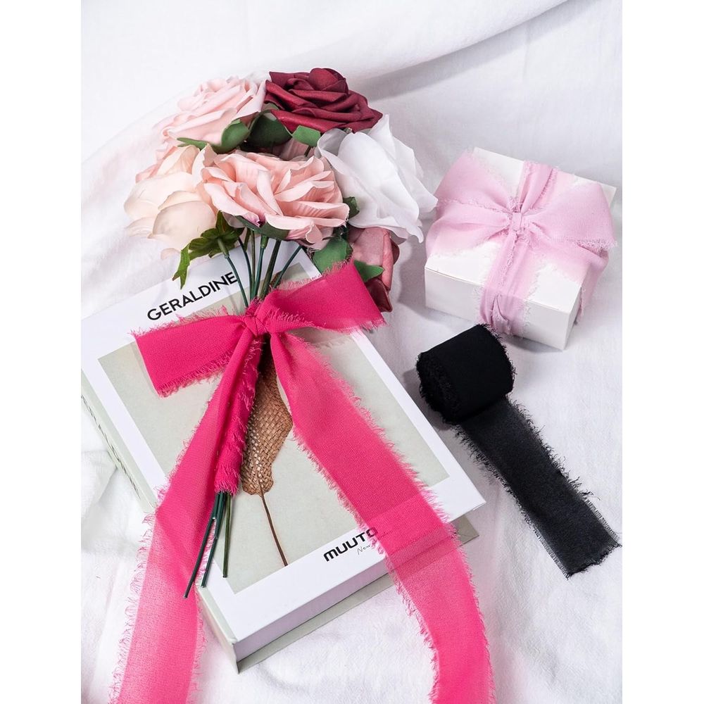 Silk Chiffon Ribbon Set, Handmade Fringe Silk Ribbon for Gift Wrapping Bridal Bouquets Wedding Invitations Decoration Crafts 1.5inx5.5Yard/Roll