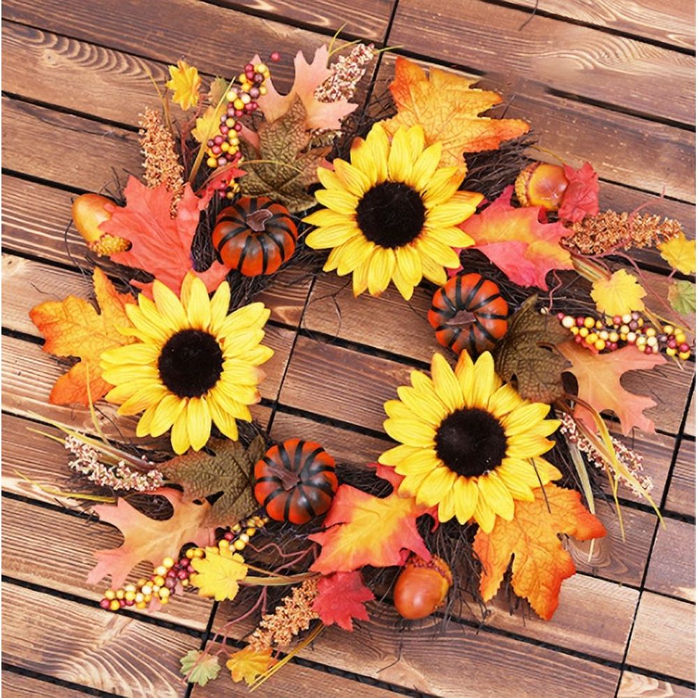 Fall Wreath 20' Autumn Front Door Wreath Harvest Wreath with Small Pumpkin Berry Round Leaves Fall Decorations for Outside Indoor Wall Window Festival Thanksgiving Fall Autumn Decor(Yellow)
