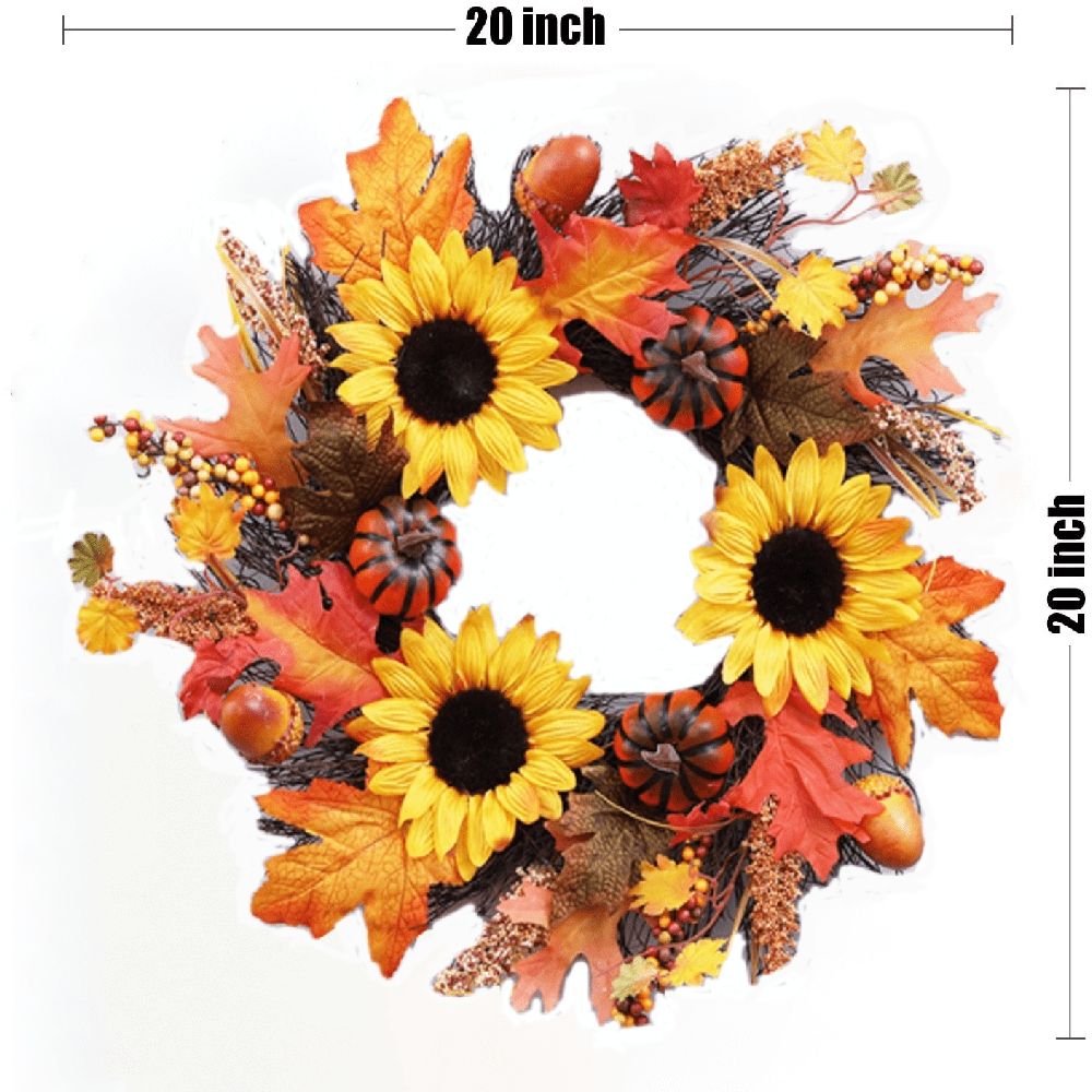 Fall Wreath 20' Autumn Front Door Wreath Harvest Wreath with Small Pumpkin Berry Round Leaves Fall Decorations for Outside Indoor Wall Window Festival Thanksgiving Fall Autumn Decor(Yellow)