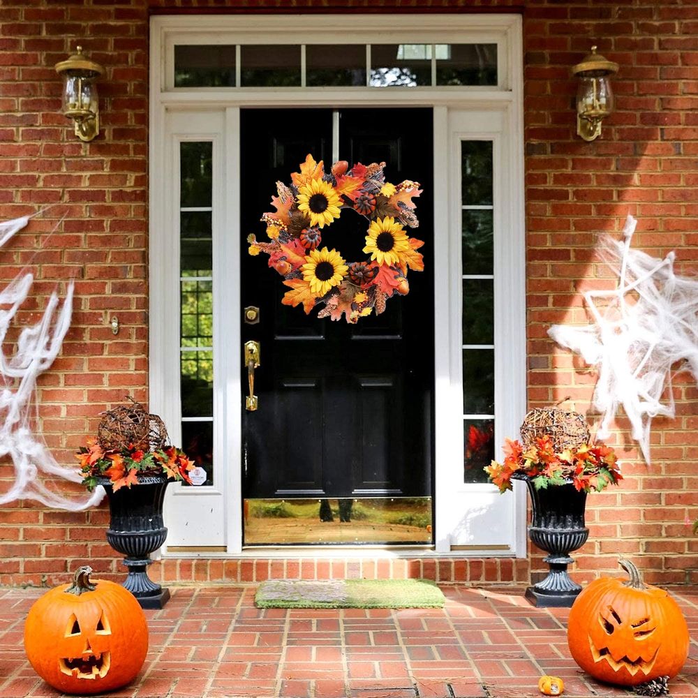 Fall Wreath 20' Autumn Front Door Wreath Harvest Wreath with Small Pumpkin Berry Round Leaves Fall Decorations for Outside Indoor Wall Window Festival Thanksgiving Fall Autumn Decor(Yellow)