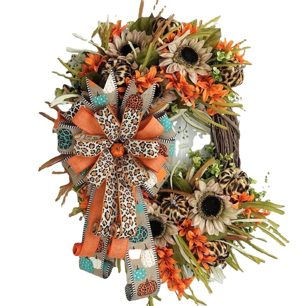 17.7 Inch Fall Wreaths for Front Door, Artificial Autumn Simulated Plant Decoration in Front of The Door, Season Leopard Pattern Flower Wreath, Sunflower Door Hanging for Outdoor Decor