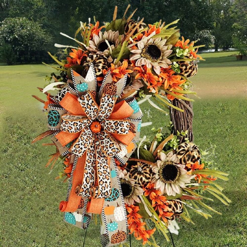 17.7 Inch Fall Wreaths for Front Door, Artificial Autumn Simulated Plant Decoration in Front of The Door, Season Leopard Pattern Flower Wreath, Sunflower Door Hanging for Outdoor Decor
