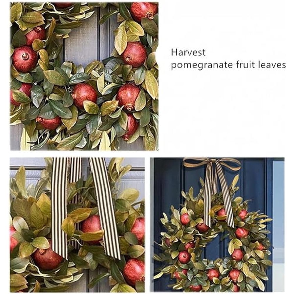 Front Door Round Wooden Fall Wreath with Brown Magnolia Leaves and Small Pomegranate Fruits leaves for Farmhouse porch wall Holiday Home Decoration,18in