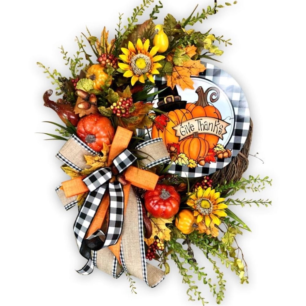 Autumn Sunflower Wreath for Front Door Fall Farmhouse Buffalo Lattice Pumpkin and Wreaths Home Door, Halloween, Thanksgiving Decoration, Multicolor, 13.8inch