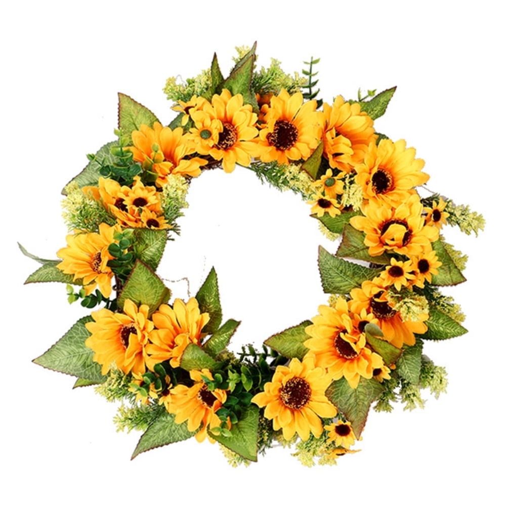 18 Inch Artificial Sunflower Wreath Front Door Summer Yellow Floral Wreath with Green Leaves and Mixed Flower Springtime All Year Around Garland for Outdoor Indoor Wall Or Window Décor