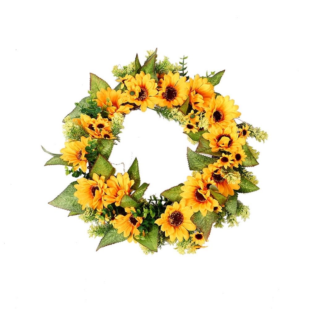 18 Inch Artificial Sunflower Wreath Front Door Summer Yellow Floral Wreath with Green Leaves and Mixed Flower Springtime All Year Around Garland for Outdoor Indoor Wall Or Window Décor