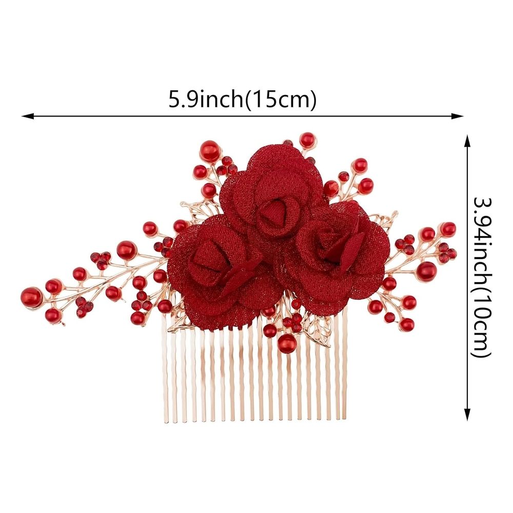 2PCS Red Flower Hair Comb Gold Rose Bridal Side Combs Floral Rhinestone Pearl Combs Vintage Decorative Crystal Emerald Headpiece Wedding Sparkly Hair Accessory for Women