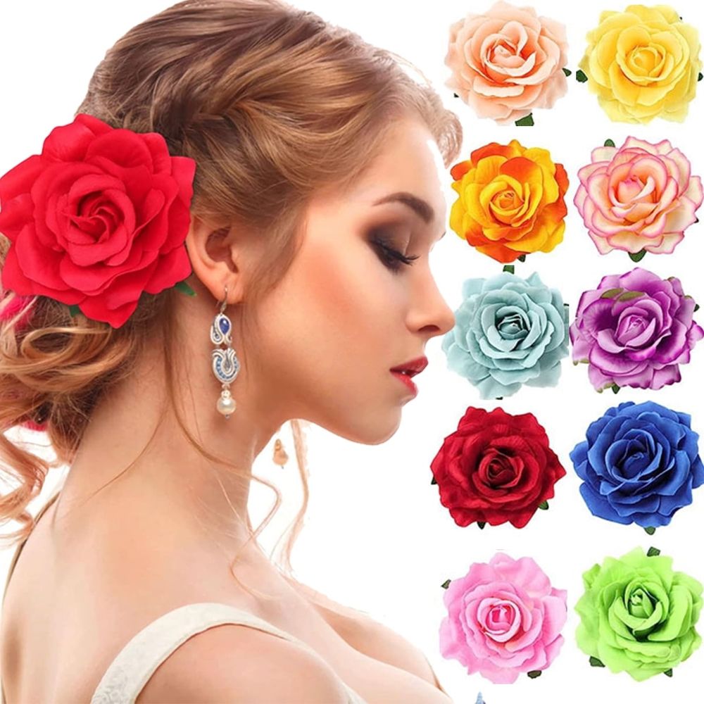 10PCS Elegant 4inch Rose Flower Hair Clips Hairpins Floral Brooches Pin Boho Hair Clip Rose Hair Accessories For Women Girls Lady Bridal