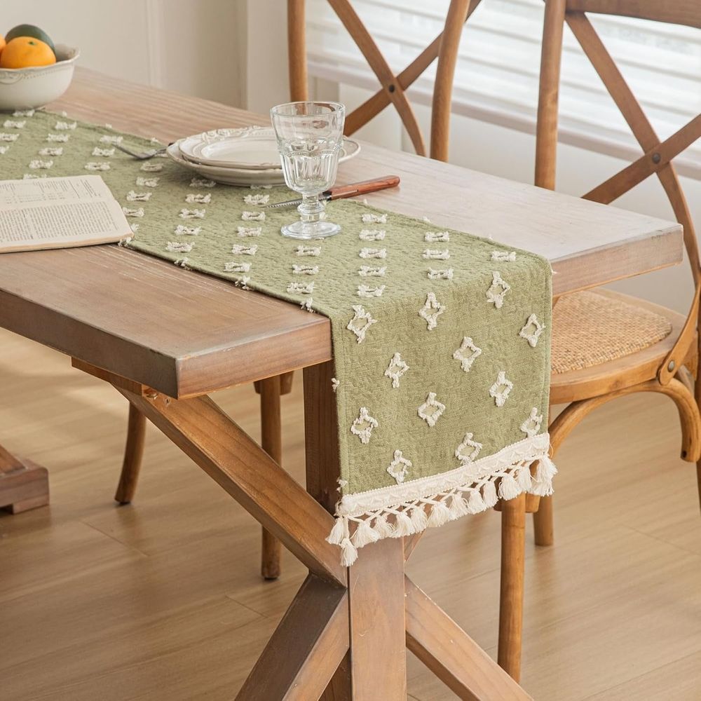 Boho  Table Runner With Tassels, Spring Summer Kitchen Dining Table Decoration for Indoor Outdoor Home Farmhouse Decor 13X72 inches