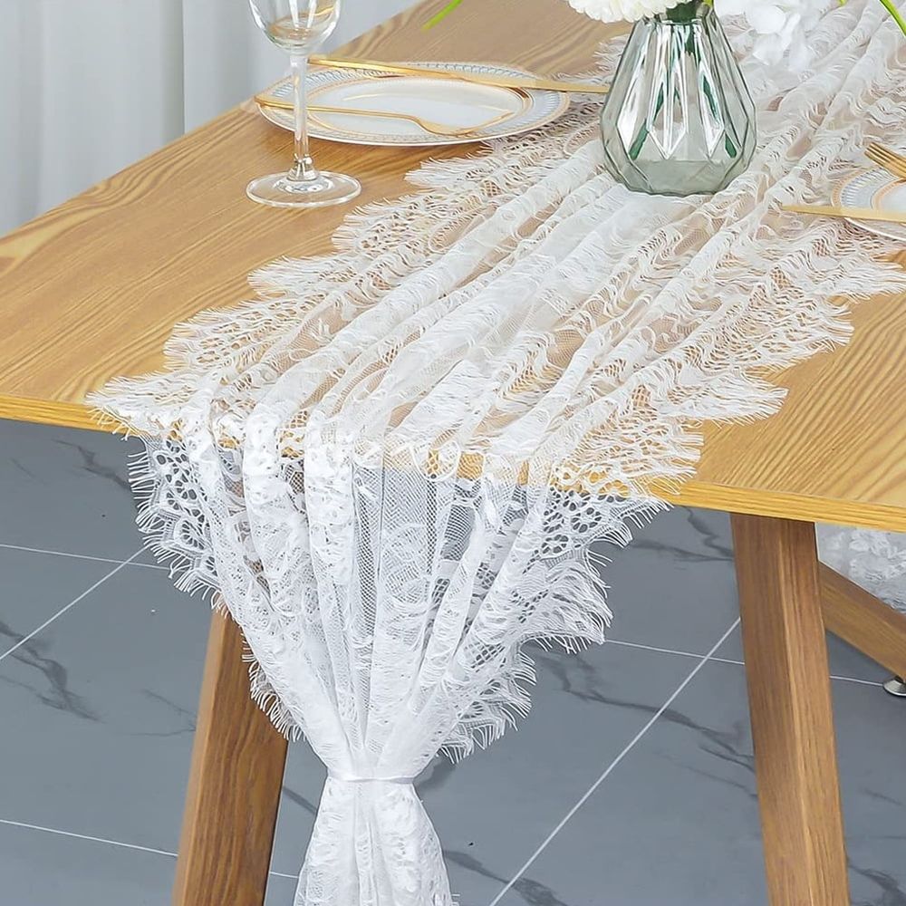 Lace Table Runner 30 x 120 Inch Ivory White Classy Table Runner for Rustic Wedding Table Decorations Baby & Bridal Shower Decor Vintage Rose Embroidered Boho Party Table Runner