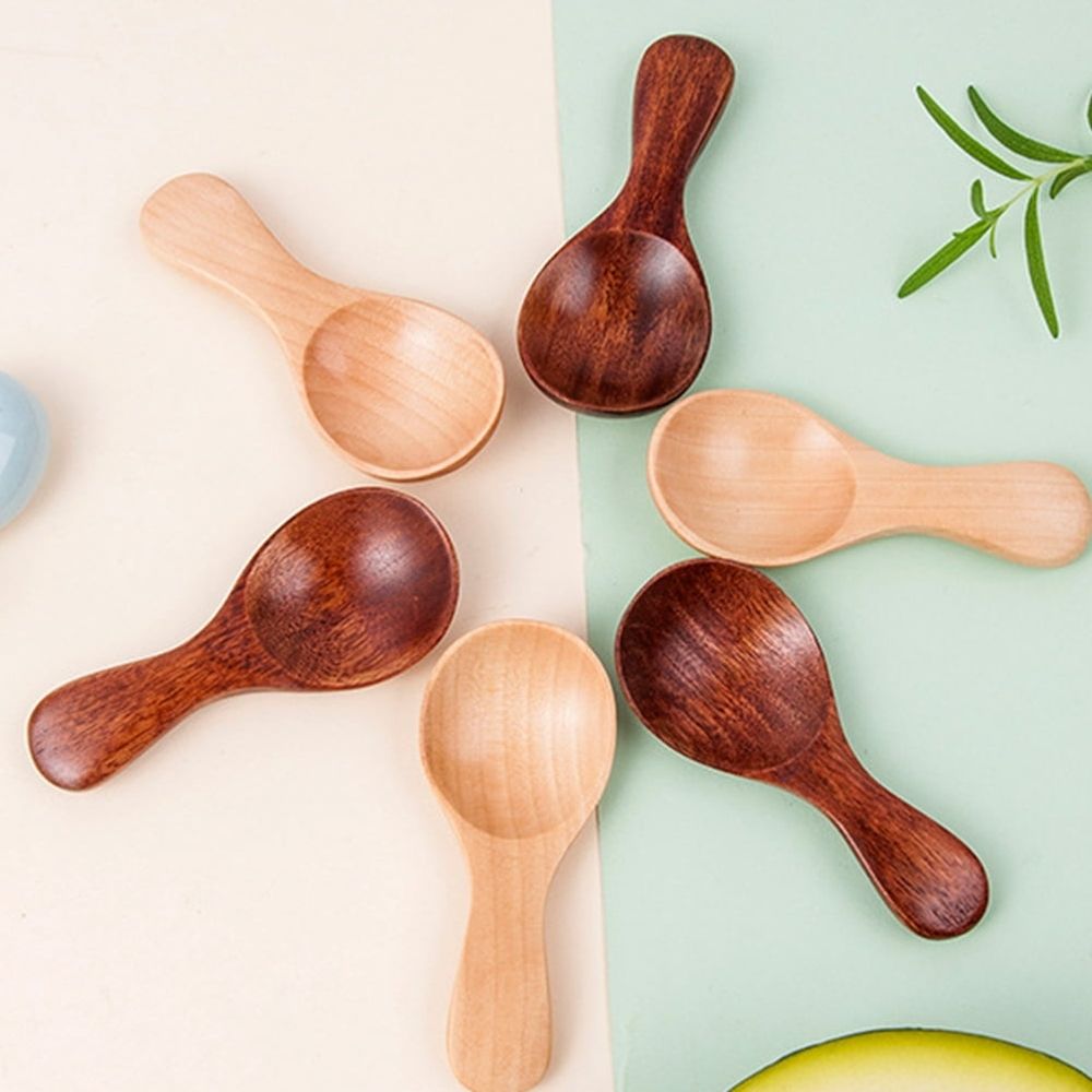 Set of 4 Wooden Spoons for Kids, Small Children's Serving Utensils in Powdered Khaki Color