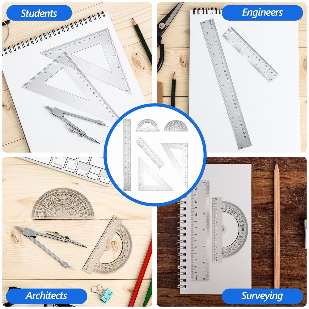 2Sets Ruler Set Transparent Plastic Triangle Drawing Rule for Students and Designers 11.8x1.2x0.04in