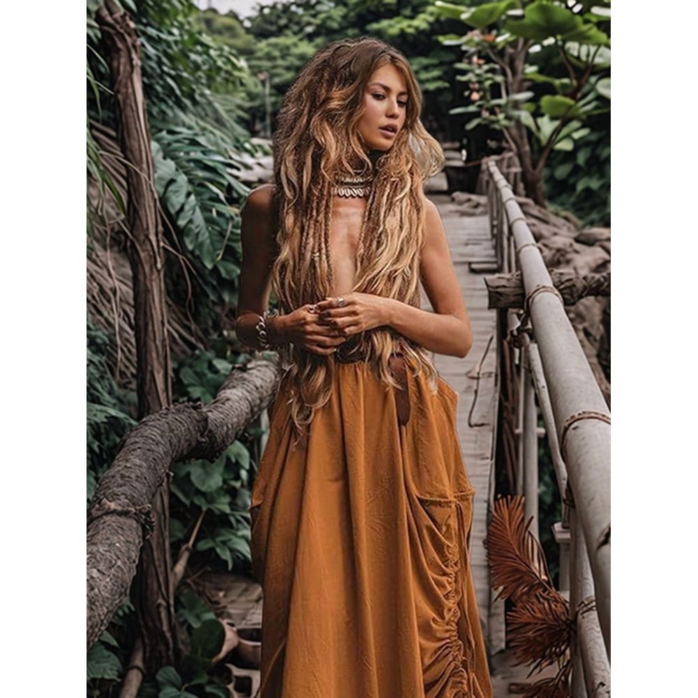 Women'S Maxi Boho Skirt with Pockets Bohemian Hippie Gypsy Gray L