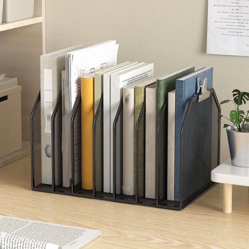 Metal 7-Section File Folder Organizer for Desk Vertical File Holder Duty Mesh Document Sorter for Books, Binder