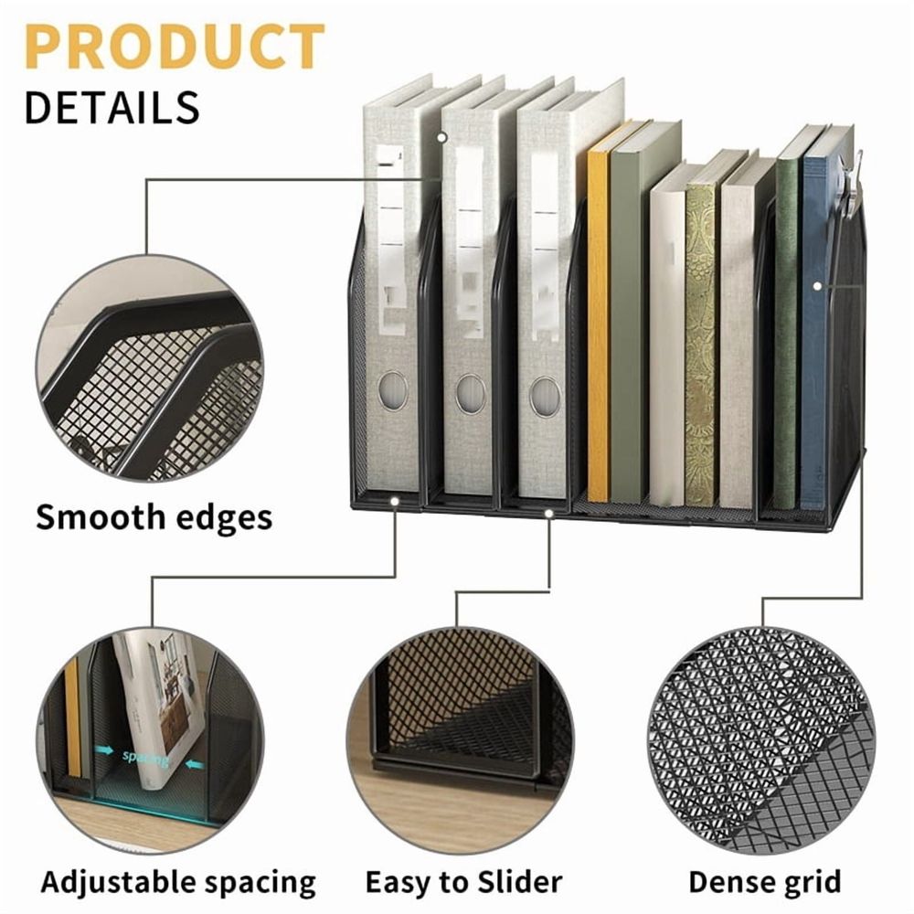 Metal 7-Section File Folder Organizer for Desk Vertical File Holder Duty Mesh Document Sorter for Books, Binder