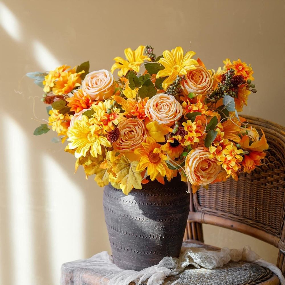 Artificial  Bush Sunflowers Faux Fall Chrysanthemums Flower Bouquets Silk Floral Arrangements with Pinecone Stems for Home Thanksgiving Table Centerpieces Autumn Decor