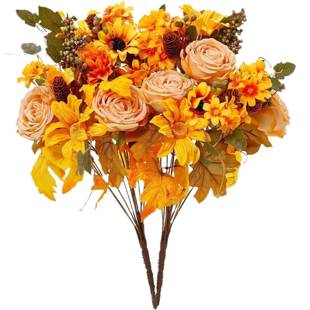 Artificial  Bush Sunflowers Faux Fall Chrysanthemums Flower Bouquets Silk Floral Arrangements with Pinecone Stems for Home Thanksgiving Table Centerpieces Autumn Decor
