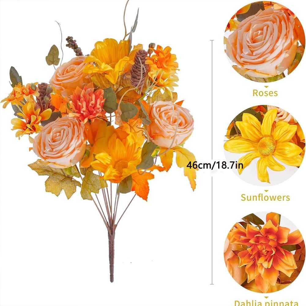 Artificial  Bush Sunflowers Faux Fall Chrysanthemums Flower Bouquets Silk Floral Arrangements with Pinecone Stems for Home Thanksgiving Table Centerpieces Autumn Decor