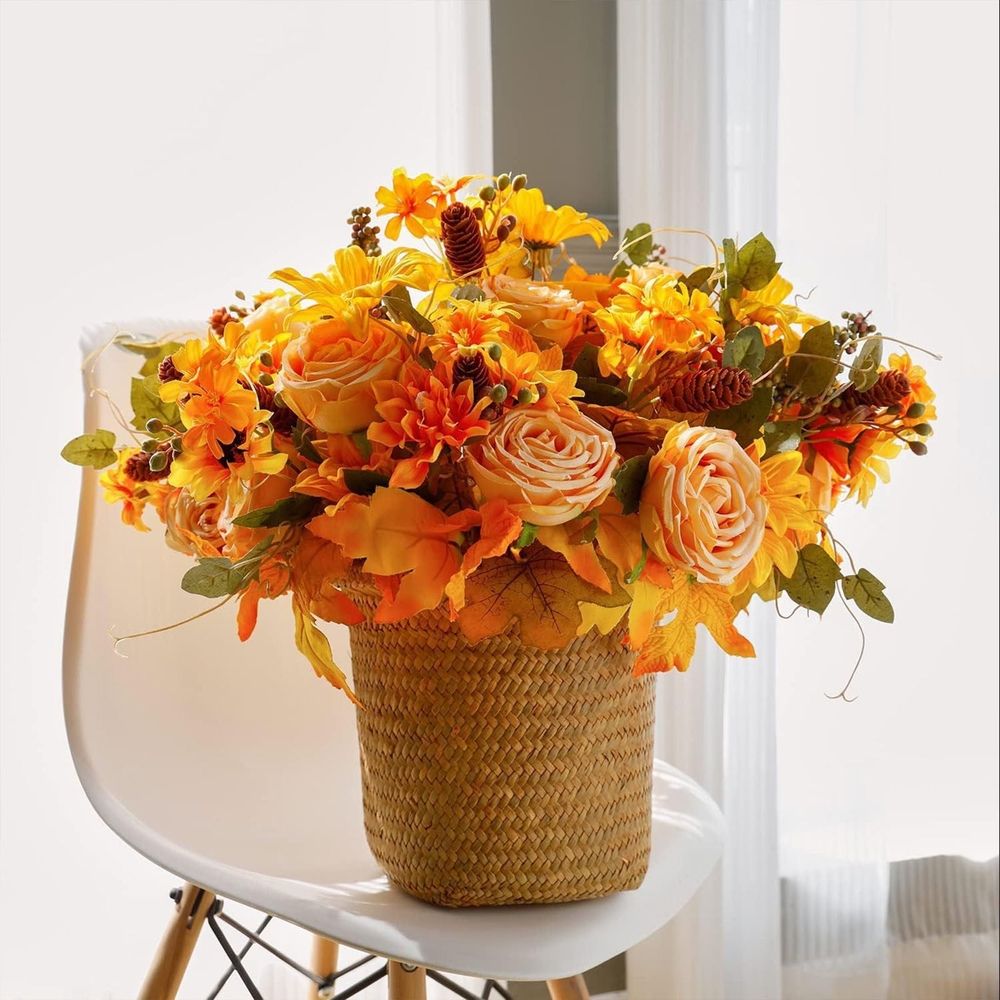 Artificial  Bush Sunflowers Faux Fall Chrysanthemums Flower Bouquets Silk Floral Arrangements with Pinecone Stems for Home Thanksgiving Table Centerpieces Autumn Decor