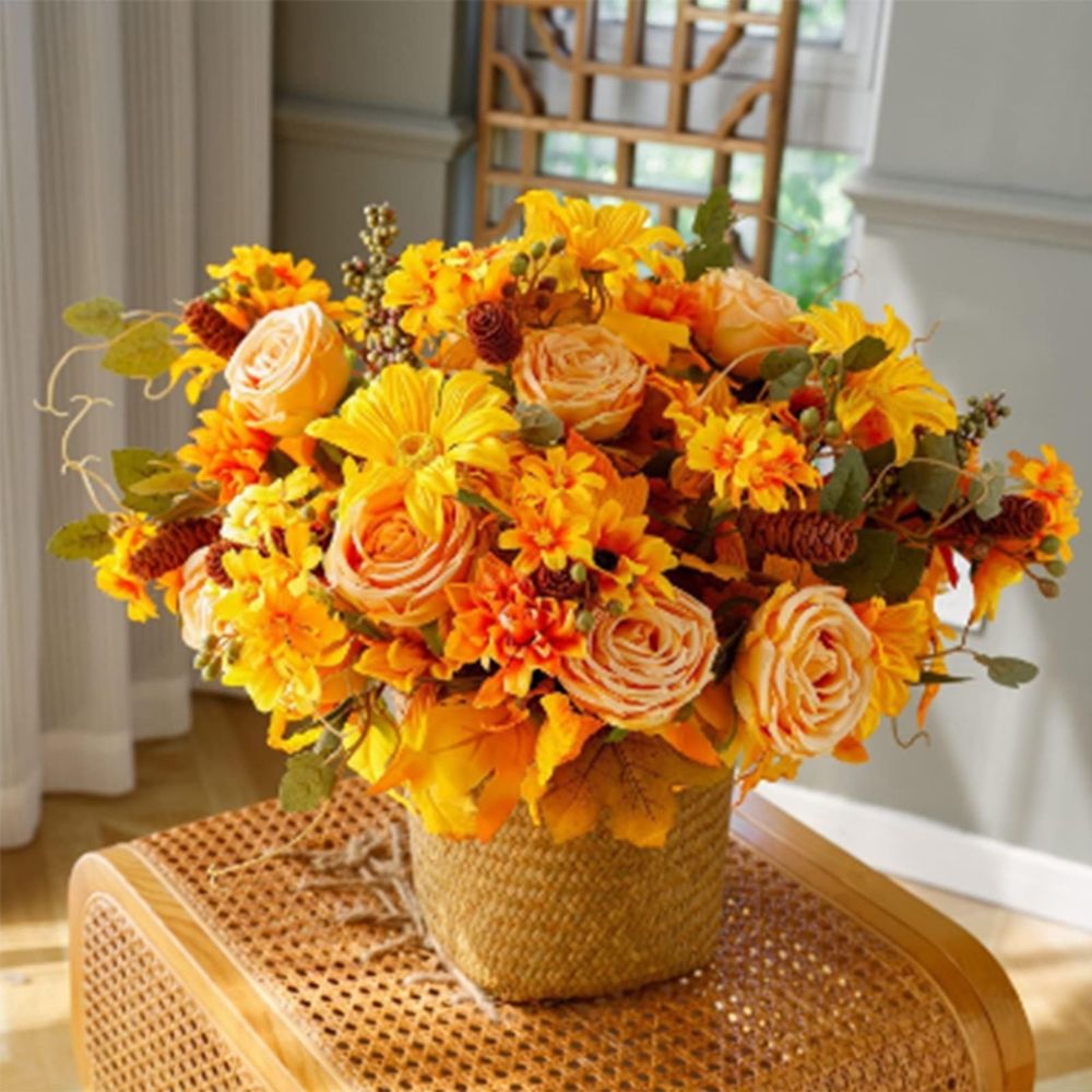 Artificial  Bush Sunflowers Faux Fall Chrysanthemums Flower Bouquets Silk Floral Arrangements with Pinecone Stems for Home Thanksgiving Table Centerpieces Autumn Decor