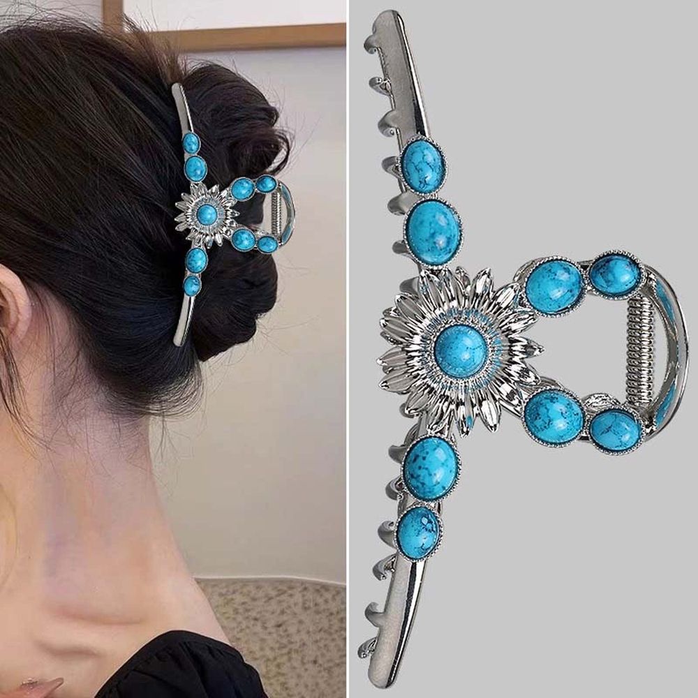 Extra Large Silver Turquoise Blue Stone Sun Metal Western Hair Claw Clip