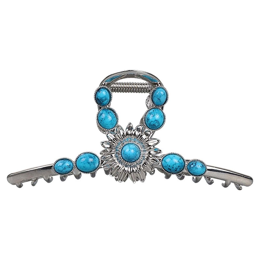 Extra Large Silver Turquoise Blue Stone Sun Metal Western Hair Claw Clip