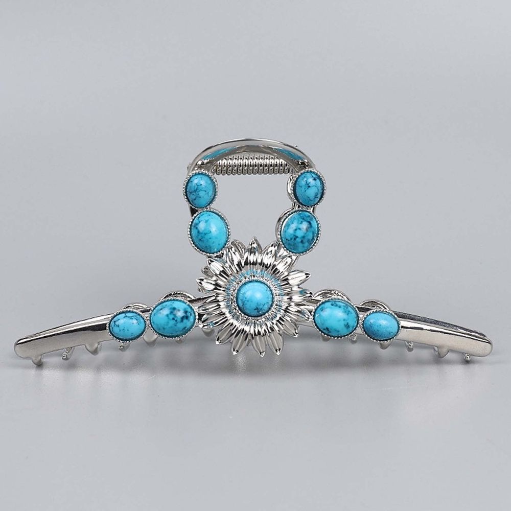 Extra Large Silver Turquoise Blue Stone Sun Metal Western Hair Claw Clip