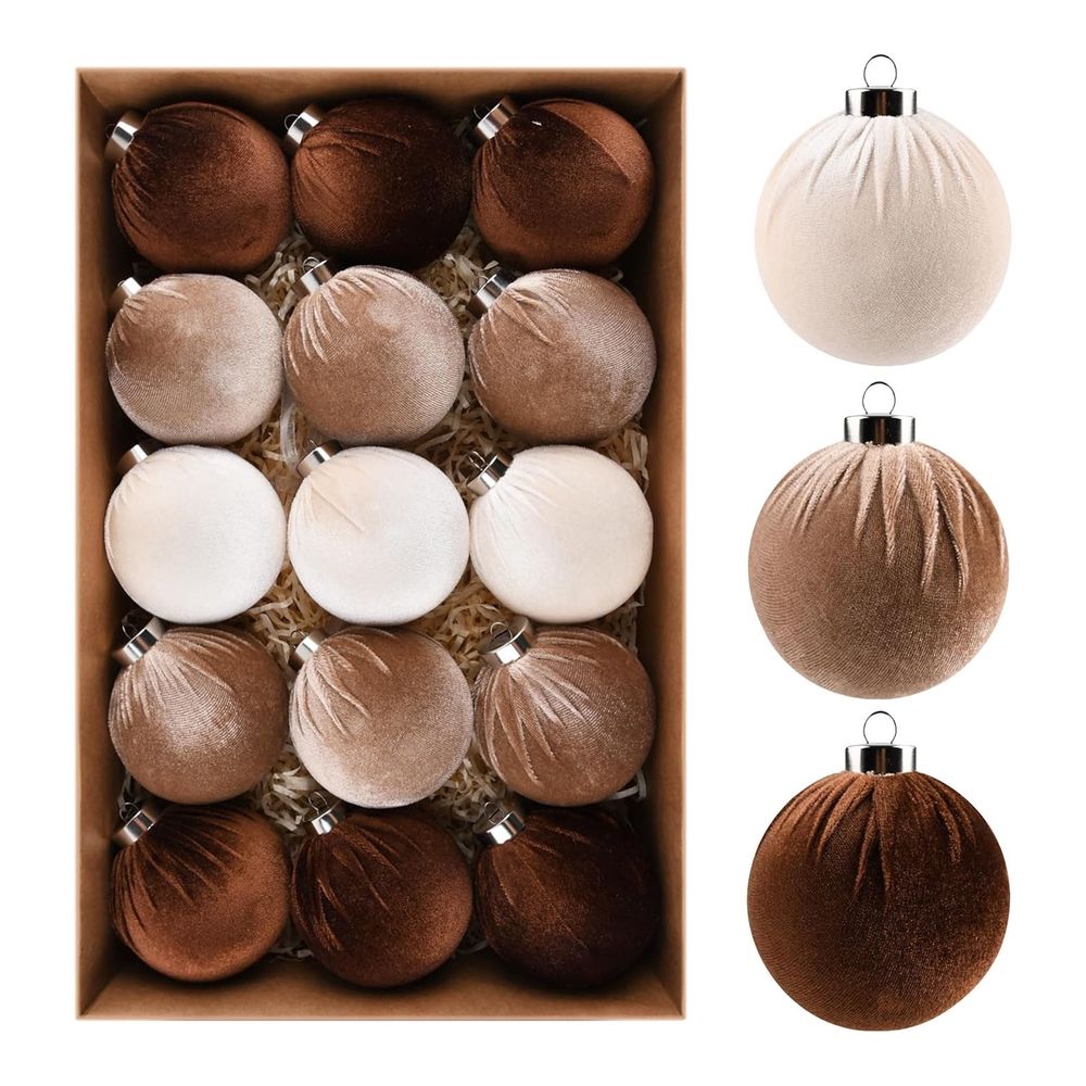 Velvet Christmas Ornaments Balls for Tree - 15pcs Shatterproof Christmas Ornaments for Xmas Decorations - Multicolor Brown Neutral Beige, 80mm 3.15inch