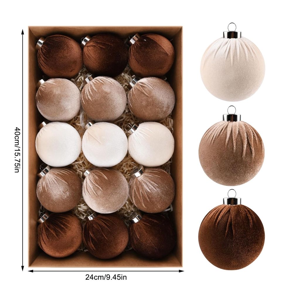 Velvet Christmas Ornaments Balls for Tree - 15pcs Shatterproof Christmas Ornaments for Xmas Decorations - Multicolor Brown Neutral Beige, 80mm 3.15inch