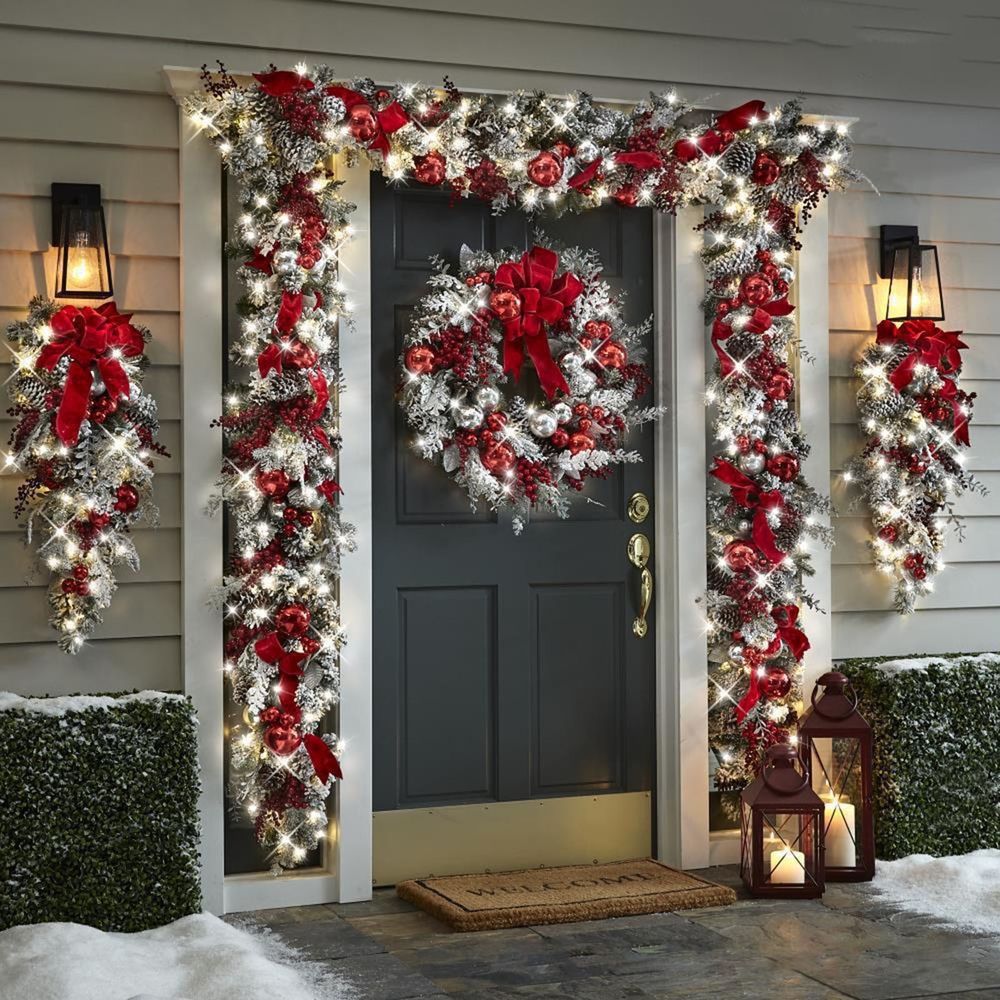 Red and White Flocking Holiday Wreath, swag, Garland, Christmas Wreath for Front Door - Xmas Cordless Wall Hanging Garland Trim for Indoor and Outdoor Decor