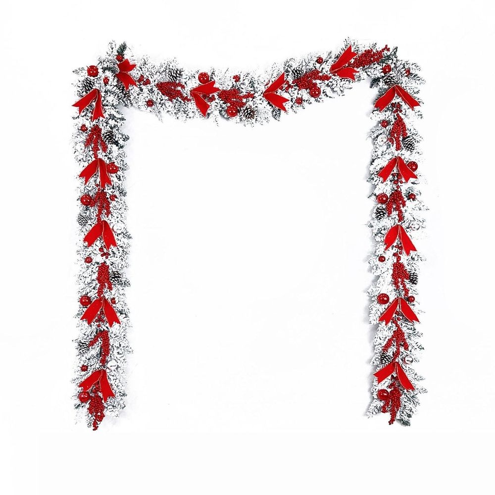 Red and White Flocking Holiday Wreath, swag, Garland, Christmas Wreath for Front Door - Xmas Cordless Wall Hanging Garland Trim for Indoor and Outdoor Decor