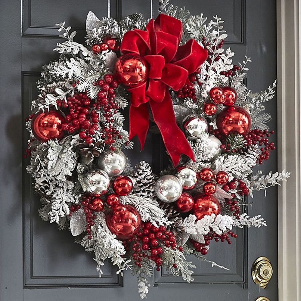 Red and White Flocking Holiday Wreath, swag, Garland, Christmas Wreath for Front Door - Xmas Cordless Wall Hanging Garland Trim for Indoor and Outdoor Decor