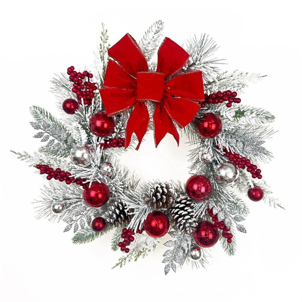 Red and White Flocking Holiday Wreath, swag, Garland, Christmas Wreath for Front Door - Xmas Cordless Wall Hanging Garland Trim for Indoor and Outdoor Decor