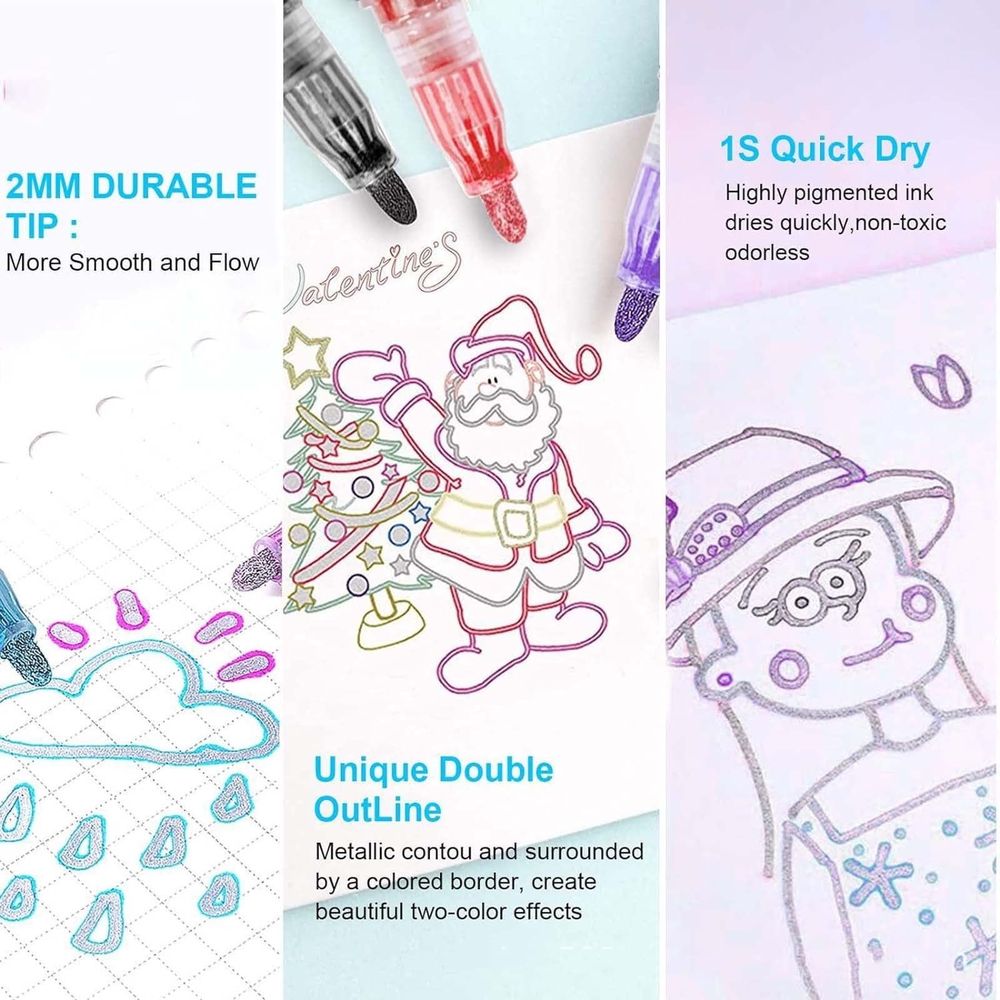 Outline Shimmer Glitter Markers, 8 Colors Double Line Shimmer Marker, Perfect for Doodling, Drawing, Art Supplies, Arts and Crafts, Stocking Stuffers, Birthdays Gifts