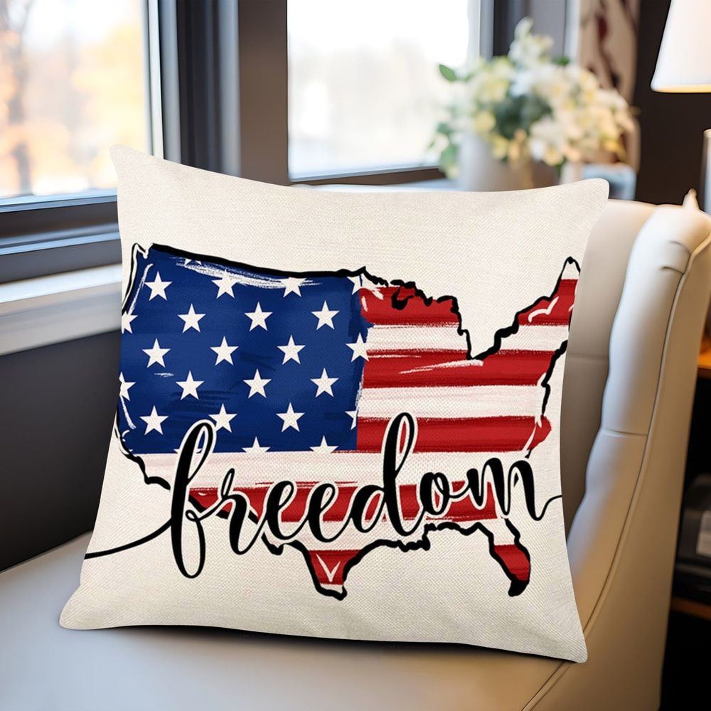 Patriotic Decor Throw Pillow Covers 18x18 in, 4th of July Linen Pillow Case for Independence Day, Memorial Day, Veteran's Day, USA, American Summer Outdoor Red White Blue Decorations