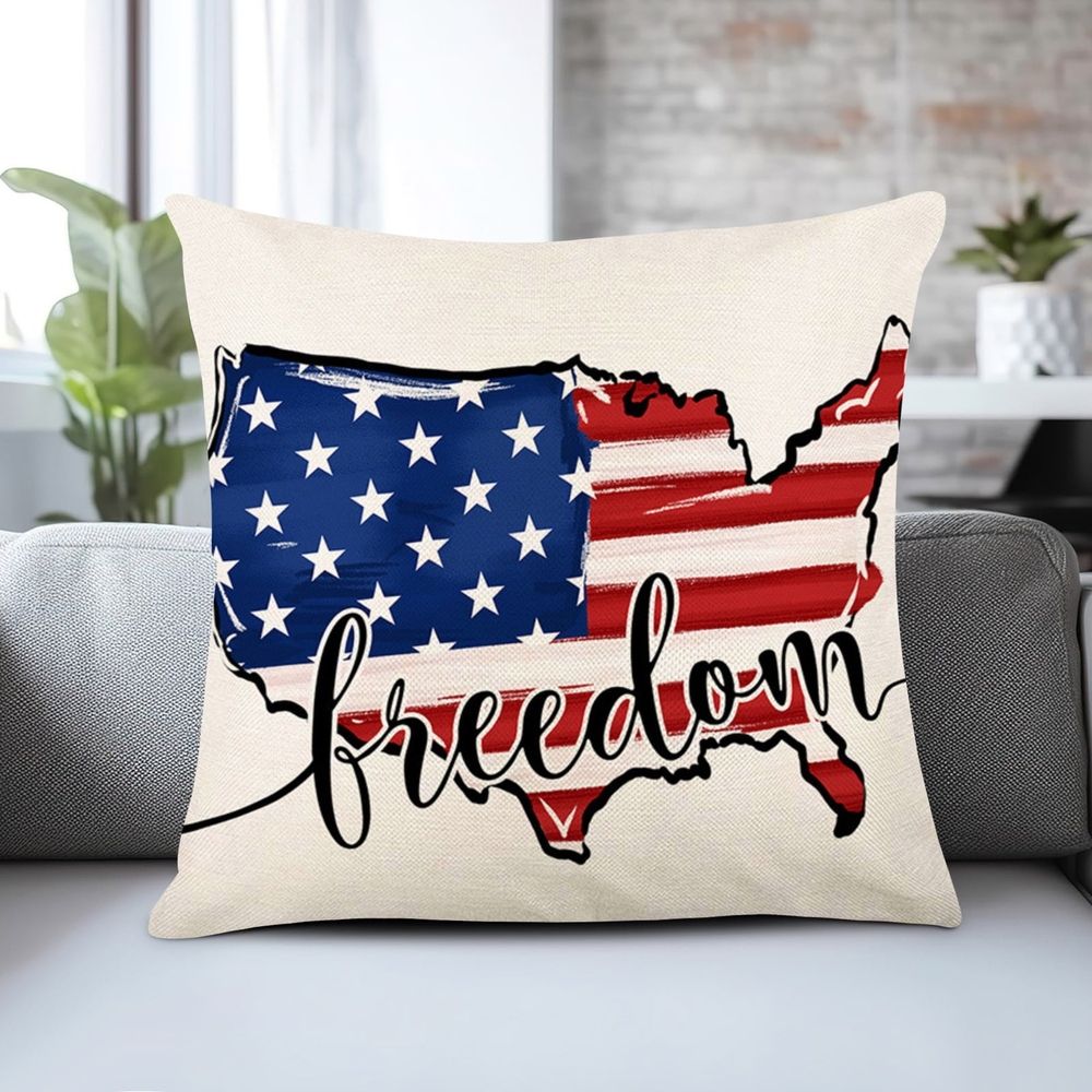 Patriotic Decor Throw Pillow Covers 18x18 in, 4th of July Linen Pillow Case for Independence Day, Memorial Day, Veteran's Day, USA, American Summer Outdoor Red White Blue Decorations