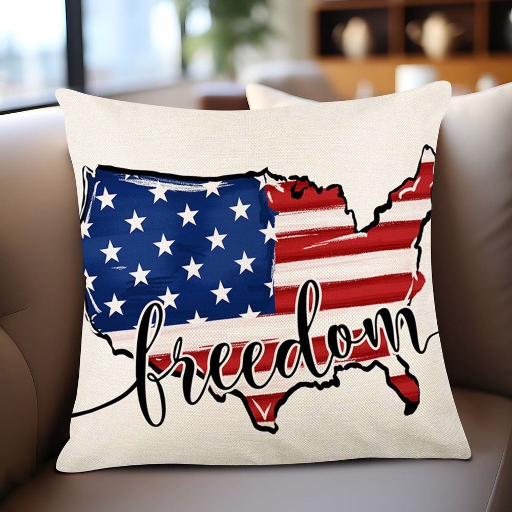 Patriotic Decor Throw Pillow Covers 18x18 in, 4th of July Linen Pillow Case for Independence Day, Memorial Day, Veteran's Day, USA, American Summer Outdoor Red White Blue Decorations