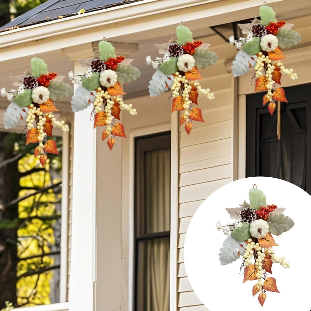 Fall Teardrop Hanging Wall Decoration, 15.75 in Fall Harvest Swag with Pumpkins,Maple Leaves Berries,Autumn Wreath for Front Door,Wall and Fireplace,Thanksgiving Swag Wreath