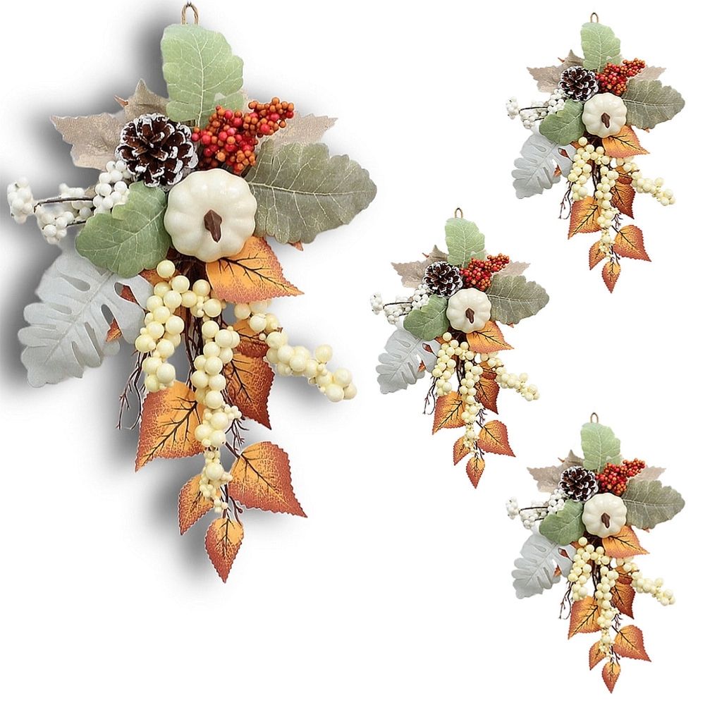 Fall Teardrop Hanging Wall Decoration, 15.75 in Fall Harvest Swag with Pumpkins,Maple Leaves Berries,Autumn Wreath for Front Door,Wall and Fireplace,Thanksgiving Swag Wreath
