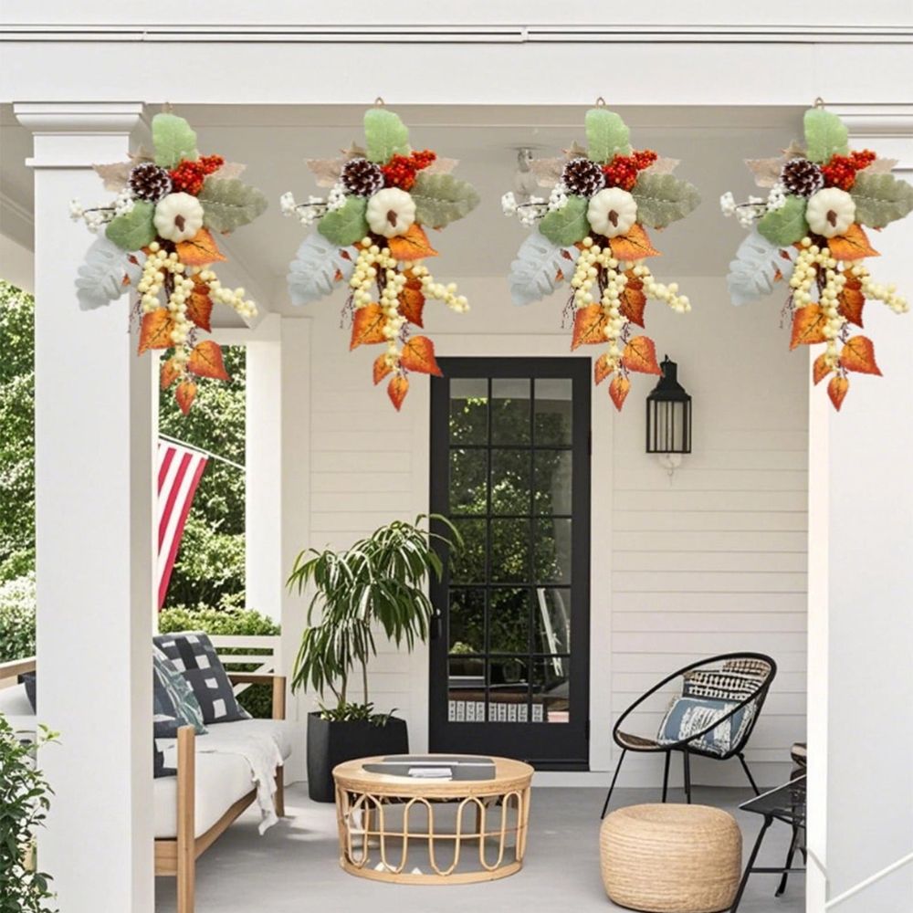 Fall Teardrop Hanging Wall Decoration, 15.75 in Fall Harvest Swag with Pumpkins,Maple Leaves Berries,Autumn Wreath for Front Door,Wall and Fireplace,Thanksgiving Swag Wreath