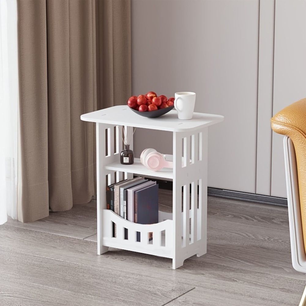 Small Narrow Side Table, 3-Tier Skinny End Table with Storage Shelf, Slim Nightstand Bedside Table for Small Spaces, Living Room, Bderoom, White