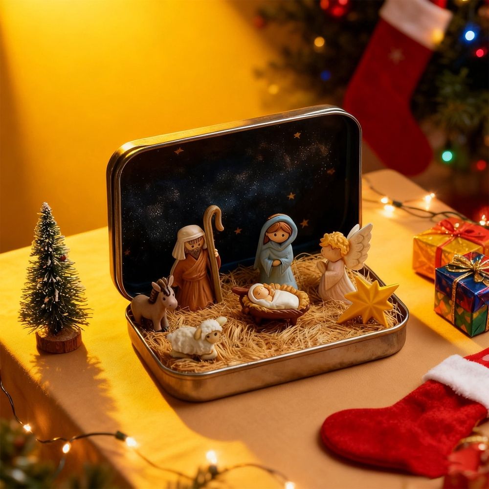 Mini Christmas Nativity Set in a Tin Box – Handcrafted Pocket Nativity Scene with Mini Jesus Figurines, Tiny Figures & Holy Family, Religious Christmas Decoration for Home or Travel (B)