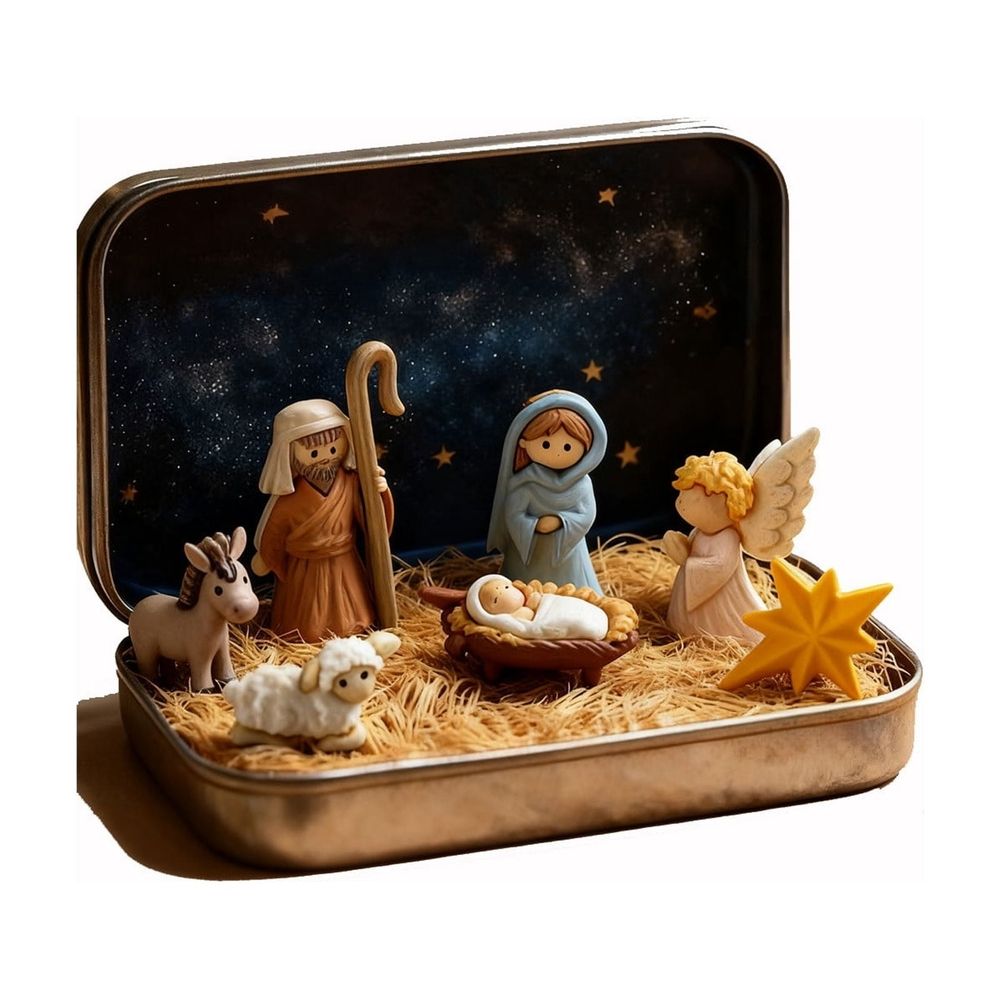 Mini Christmas Nativity Set in a Tin Box – Handcrafted Pocket Nativity Scene with Mini Jesus Figurines, Tiny Figures & Holy Family, Religious Christmas Decoration for Home or Travel (B)