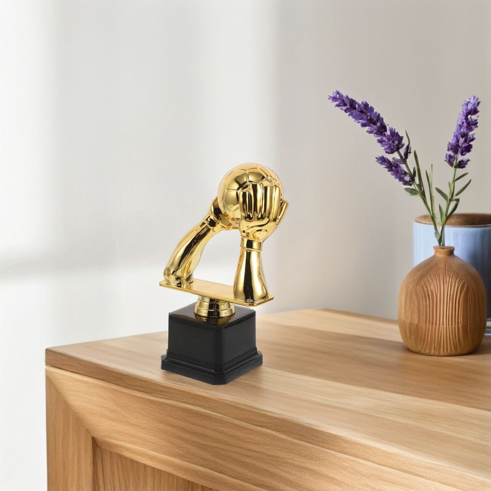 Golden Plastic Soccer Trophy Featuring Goalkeeper Gloves for Football Championship Awards and Display