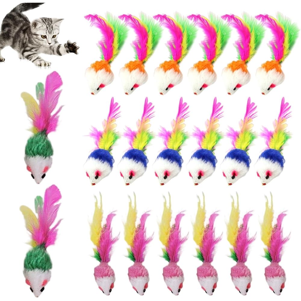 20PCS Cat Play Mice, Plush Interactive Cat Play Set with Tails, Colorful Feather Mice for Indoor Active Play & Stimulation